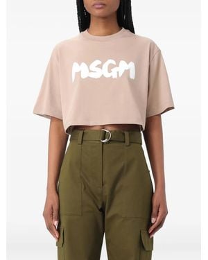 MSGM Logo-Print Cropped T-Shirt - Pink