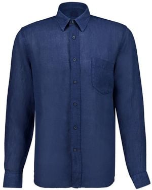 120% Lino Chemise En Soie À Poche Poitrine - Blue