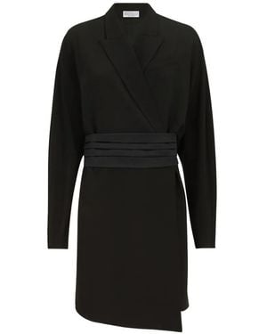 Brunello Cucinelli Silk And Acetate Crêpe Cady Tuxedo Dress With Monili - Black