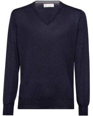 Brunello Cucinelli Ribbed V-Neck Jumper - Blue
