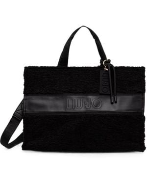 Liu Jo Fleece-Texture Logo-Patch Tote Bag - Black