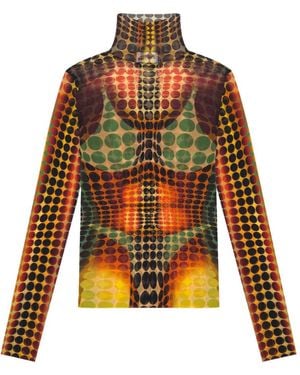 Jean Paul Gaultier Long-Sleeve High Neck Top With Optical Illusion Pattern - Orange