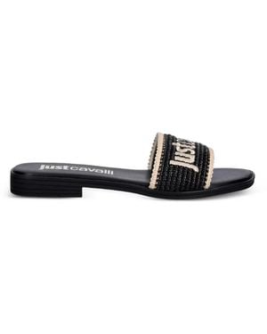 Just Cavalli Logo-Embroidered Raffia-Effect Flat Sandals - White