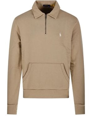 Ralph Lauren Half-Zip Kangaroo-Pocket Polo Shirt - Natural