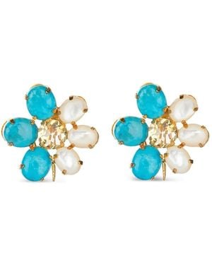 Bounkit Citrine Pearl Flower Earrings - Blue