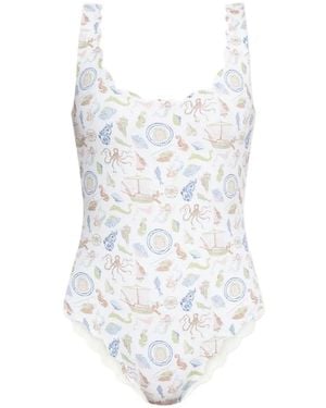 Marysia Swim Palm Springs Scalloped-Edge Printed Swimsuit - White