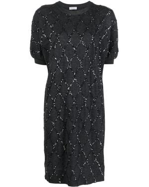 Brunello Cucinelli Sequin-Embellished Diamond-Pattern Mini Dress - Black