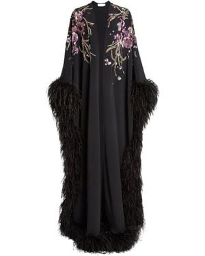 Zuhair Murad Feather-Trim Floral-Embroidered Cape - Black