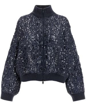 Brunello Cucinelli Sequin-Embellished Zip-Front Cardigan - Blue
