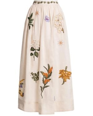 Agua Bendita Floral-Embroidered Midi Skirt - Natural