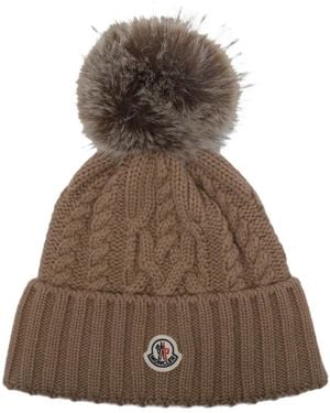 Moncler Cable-Knit Pompom-Detail Beanie Hat - Brown