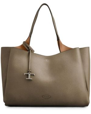 Tod's T Timeless Pebbled Leather Tote Bag - Brown