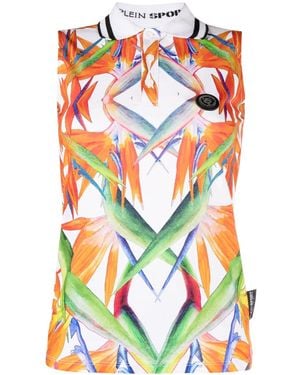 Philipp Plein Floral-Print Sleeveless Cotton Polo Top - White