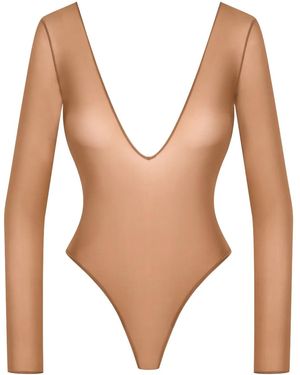 Maison Close French Kiss Light Open-Back Long-Sleeve Bodysuit - Natural