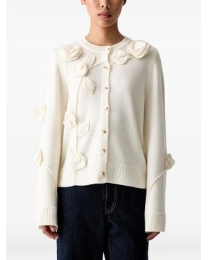 FARM Rio Floral-Appliqué Button-Up Cardigan - White