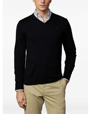 Hackett Embroidered-Logo V-Neck Cotton Jumper - Black