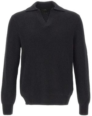 Gran Sasso Ribbed-Knit Open-Collar Polo Shirt - Blue