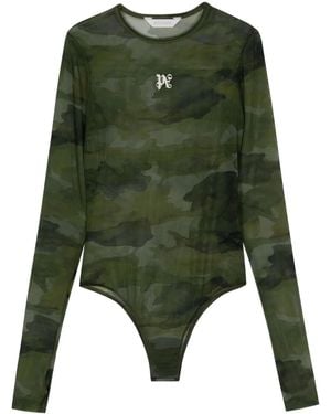 Palm Angels Embroidery-Logo Camouflage Bodysuit - Green