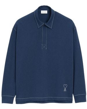 Ami Paris Cotton Long Sleeves Ami De Coeur Polo - Blue