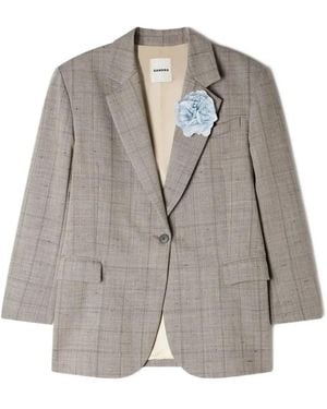 Sandro Flower-Brooch Checked Blazer - Gray