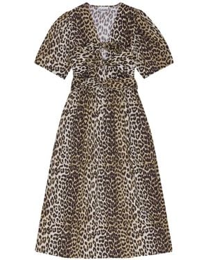 Ganni Bow-Detailed Leopard-Print Midi Dress - White