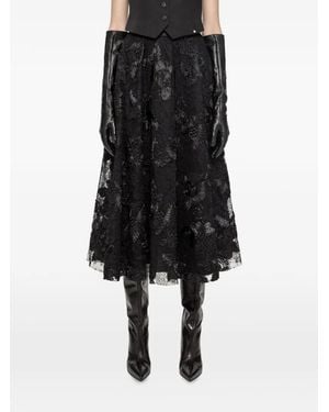 Nissa Floral-Embroidered A-Line Midi Skirt - Black