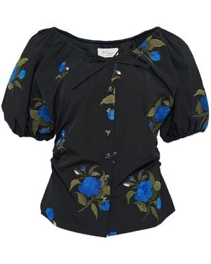 Caroline Hu Embroidered-Rose Puff-Sleeve Top - Black