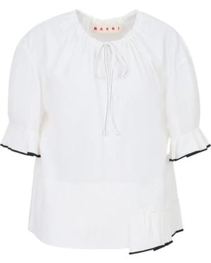 Marni Drawstring Pleated-Neck Blouse - White