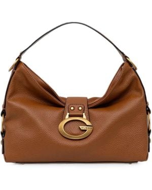 Guess Camden Logo-Plaque Pebbled Midi Shoulder Bag - Brown