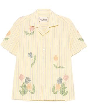 BAZISZT Floral-Embroidered Striped-Pattern Shirt - Natural