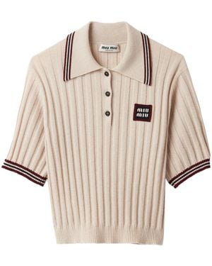 Miu Miu Ribbed-Knit Cashmere Polo Shirt - Natural