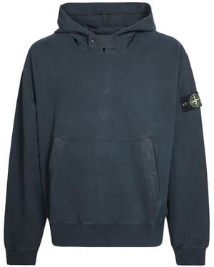 Stone Island Logo-Patch Pouch-Pocket Cotton Hoodie - Blue