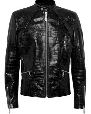 Philipp Plein Crocodile-Embossed Biker Jacket - Black