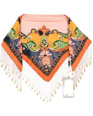 Etro Paisley-Print Beaded-Fringe Scarf - White