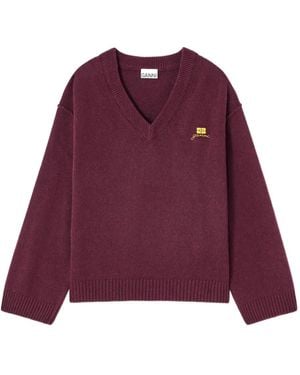 Ganni V-Neck Logo-Detail Sweater - Purple