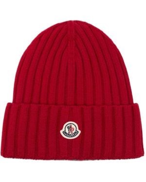 Moncler Logo-Patch Ribbed-Knit Beanie Hat - Red