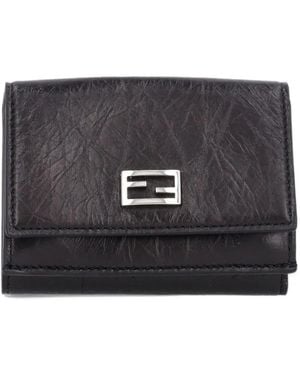 Fendi Mini Tube Trifold Crackled-Leather Compact Wallet - Black