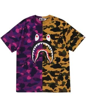 A Bathing Ape Split Camo Shark Cotton T-Shirt - Purple