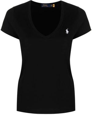 Polo Ralph Lauren Logo-Embroidered V-Neck Cotton-Jersey T-Shirt - Black