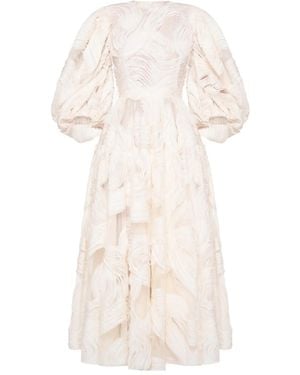 ANOUKI Puff-Sleeve Embroidered Midi Dress - Natural