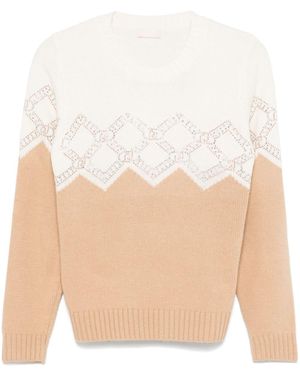 Liu Jo Rhinestone-Embellished Intarsia Knit Sweater - Natural