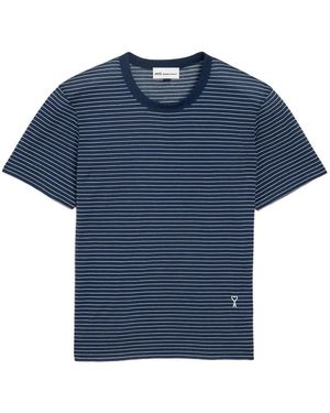 Ami Paris Classic Fit Short Sleeves Striped Teeshirt Wit - Blue