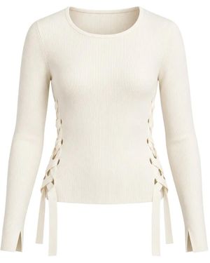Gaelle Paris Lace-Up Ribbed-Knit Sweater - White