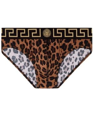 Versace Greca Border Leopard-Print Briefs - Brown