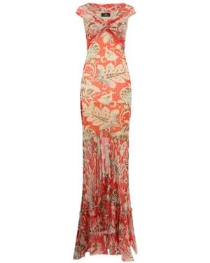 Etro Long Tulle Dress With Open Shoulders And Floral Motif - White
