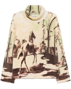 Monse Grofgeribbelde Trui Met Paardenprint - Naturel