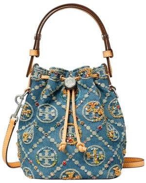 Tory Burch Mini Monogram-Pattern Denim Bucket Bag - Blue