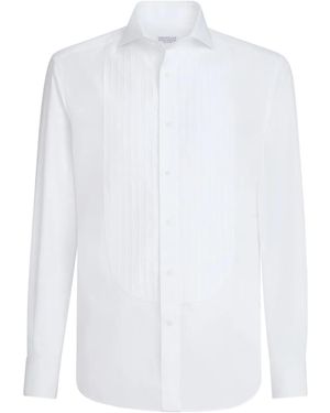 Brunello Cucinelli Sea Island Cotton Twill Slim Fit Shirt With Point Collar And Pleated Bib - White