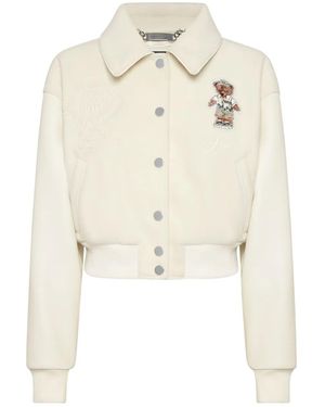 Philipp Plein Teddy-Embellished Leather Bomber Jacket - Natural