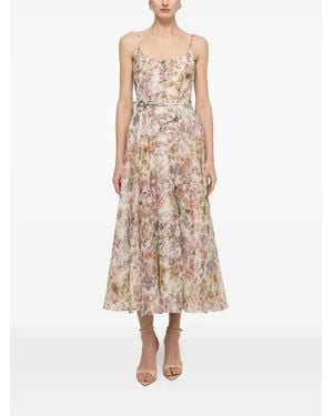 Nissa Robe Mi-Longue À Fleurs - Natural